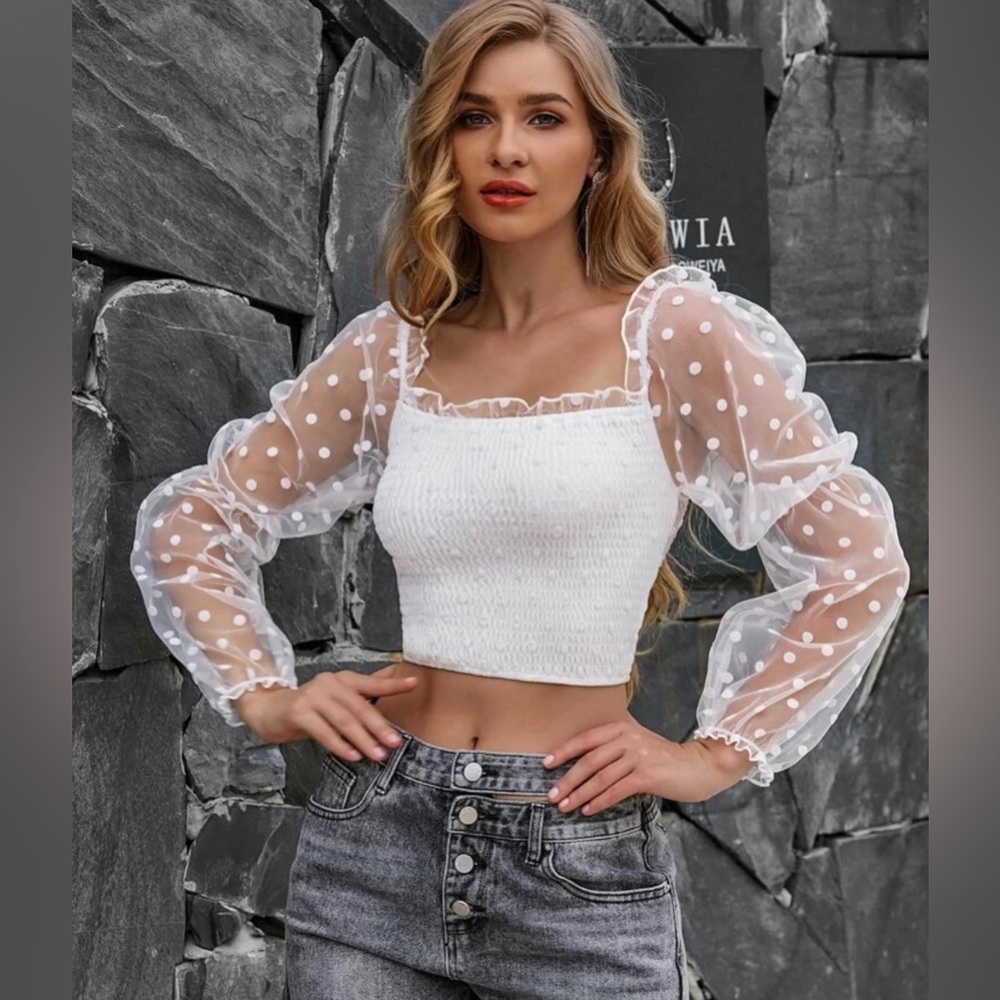 white yilibasha polka-dot organza shirred crop top